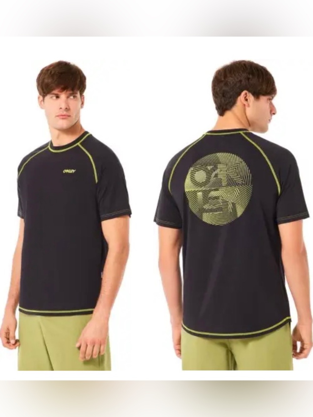 OAKLEY Men’s Fingerprint Rash Guard Short Sleeve Swim Shirt XS Black/Lime NWT